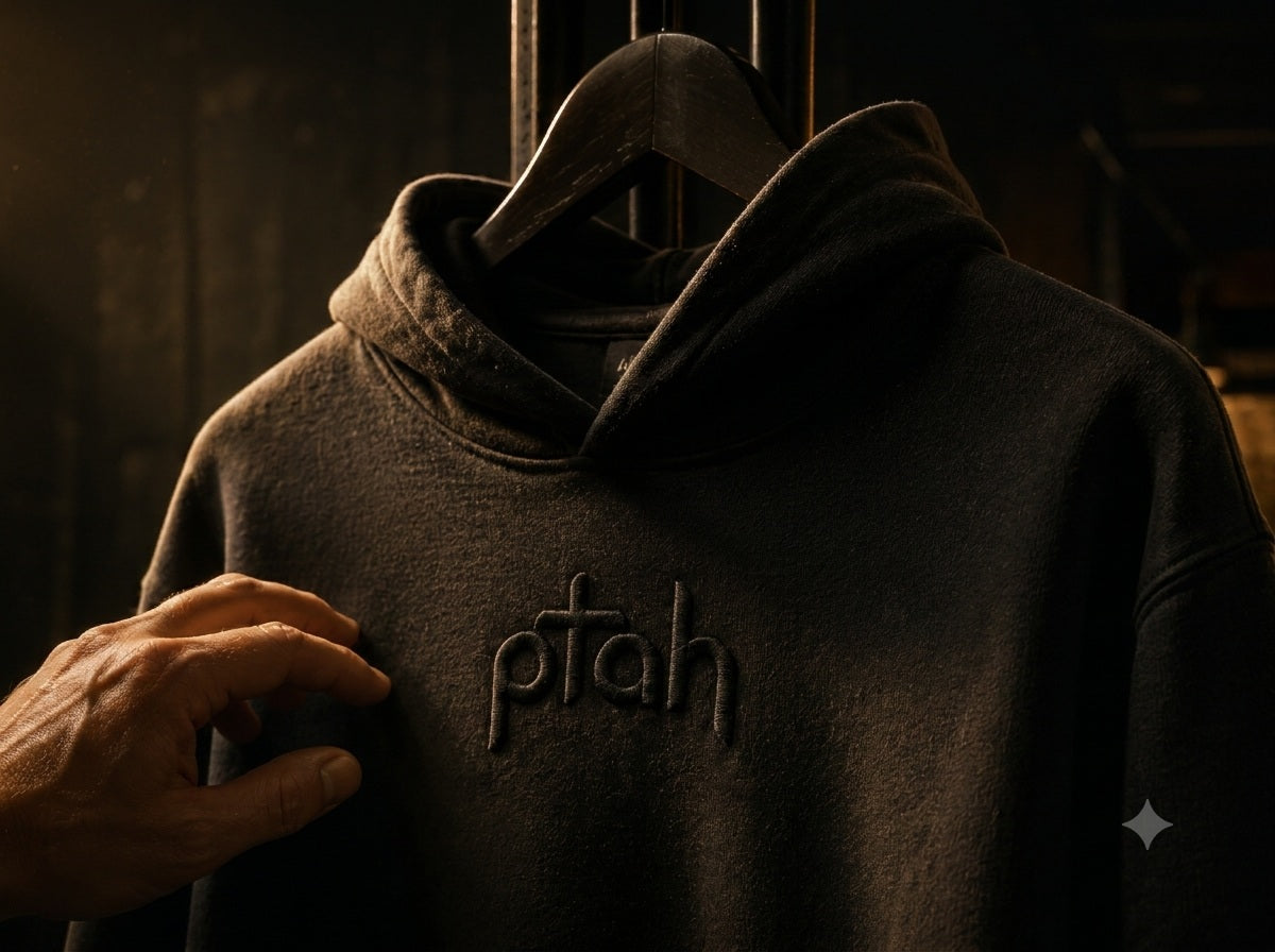 Macro of PTAH logo embroidery — raised stitching on dark fabric