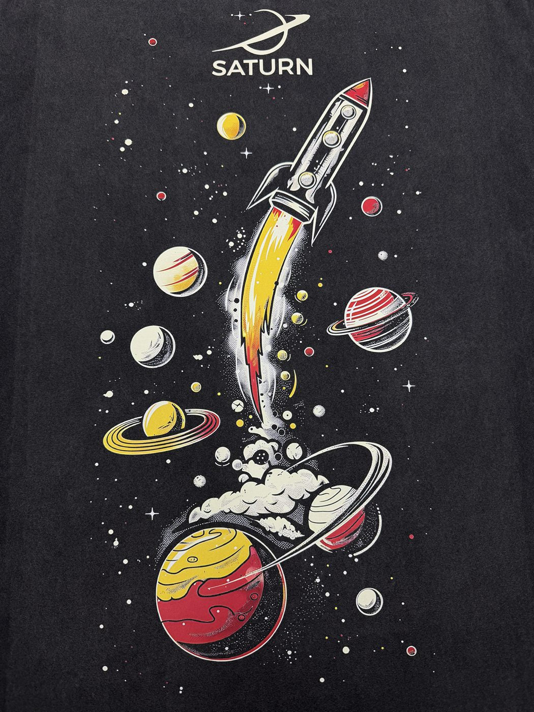 Full-color space illustration DTF print on washed black tee