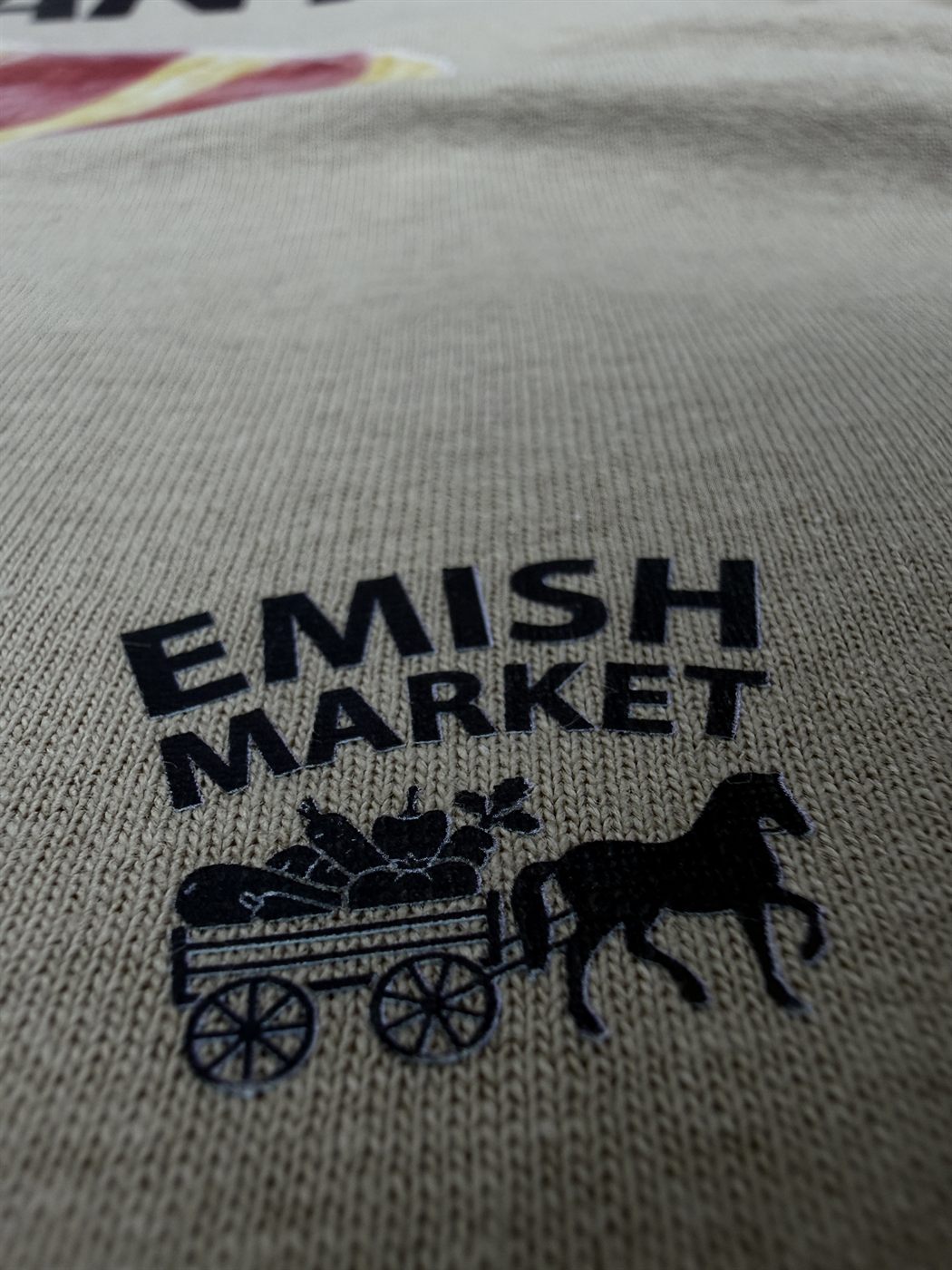Market logo with horse and cart on sand tee