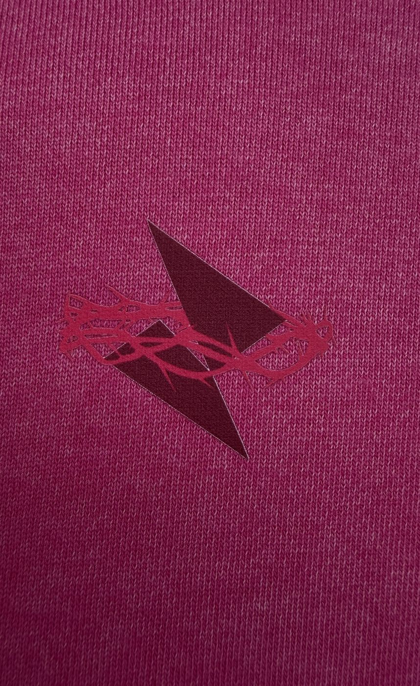 Tone-on-tone sigil print on berry garment-dyed fabric